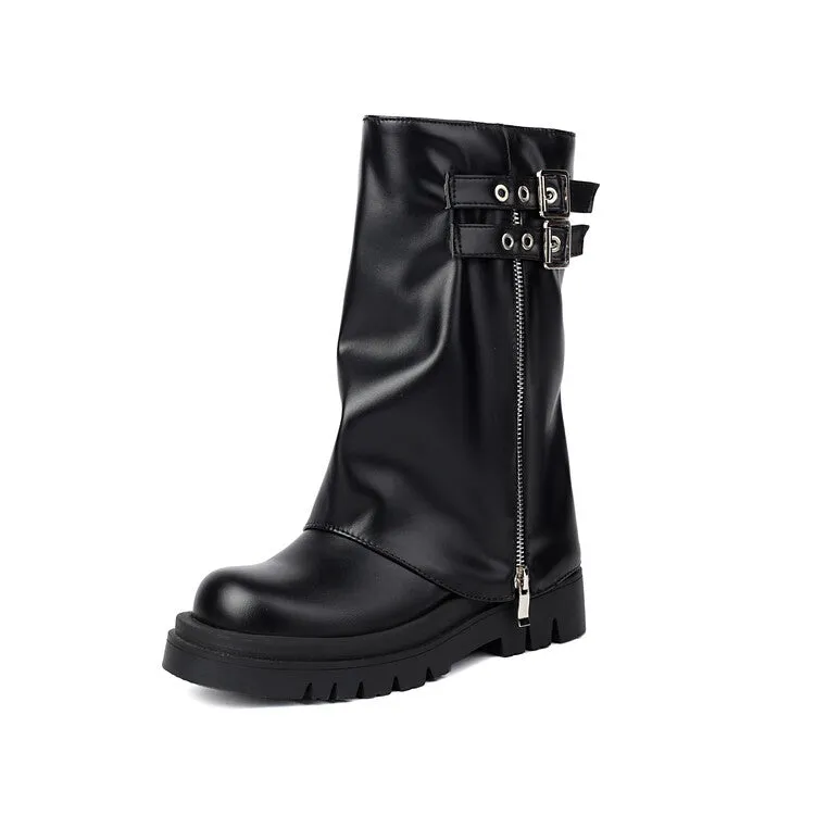 Women's Buckle Strap Round Toe Flat Platform Mid Calf Boots