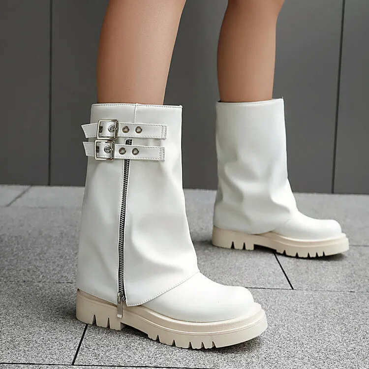Women's Buckle Strap Round Toe Flat Platform Mid Calf Boots