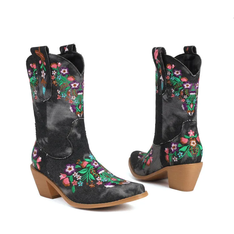 Women's Embroider Square Toe Block Heel Mid Calf Western Boots