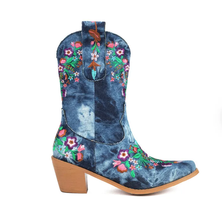 Women's Embroider Square Toe Block Heel Mid Calf Western Boots