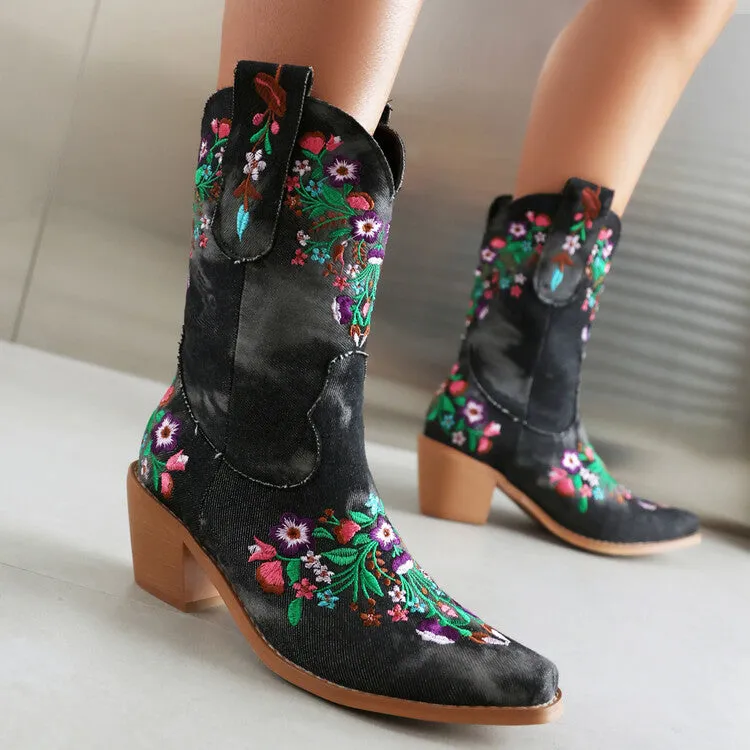 Women's Embroider Square Toe Block Heel Mid Calf Western Boots