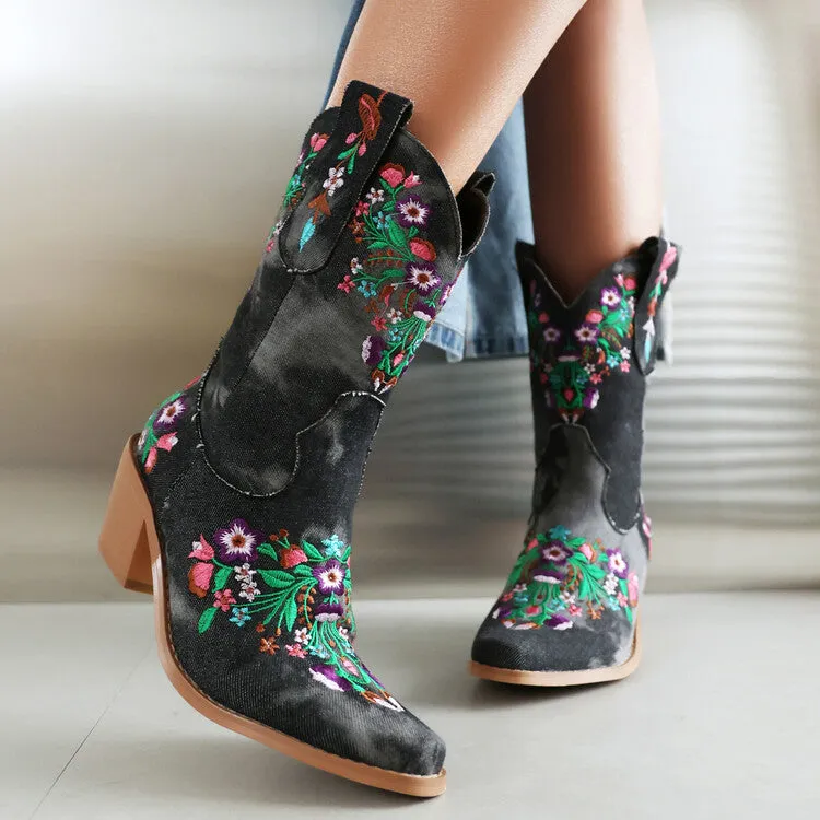 Women's Embroider Square Toe Block Heel Mid Calf Western Boots