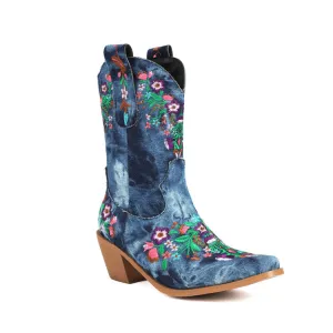 Women's Embroider Square Toe Block Heel Mid Calf Western Boots
