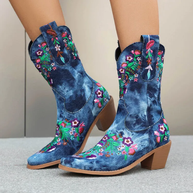 Women's Embroider Square Toe Block Heel Mid Calf Western Boots