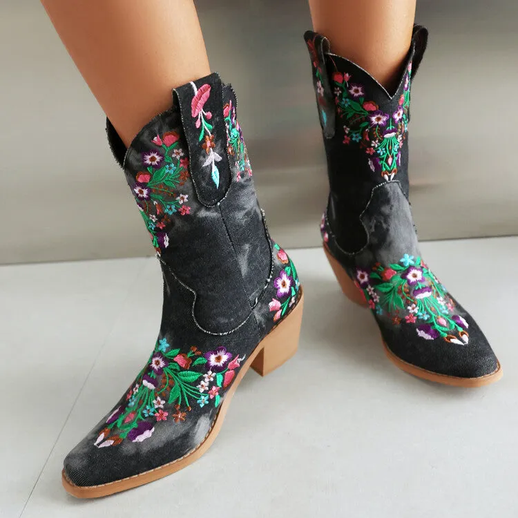 Women's Embroider Square Toe Block Heel Mid Calf Western Boots