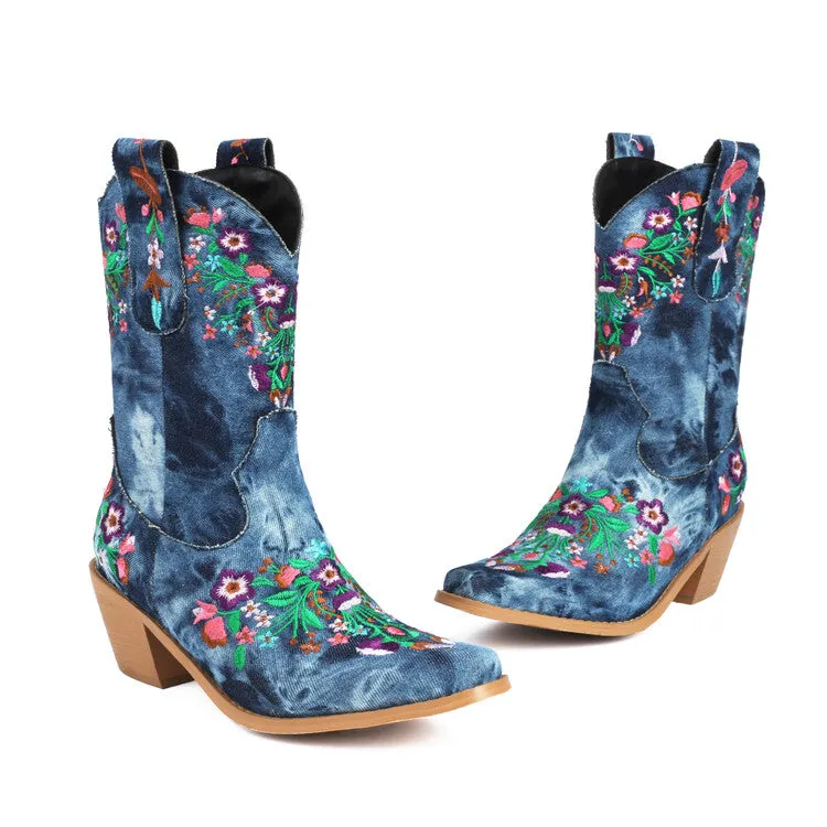 Women's Embroider Square Toe Block Heel Mid Calf Western Boots