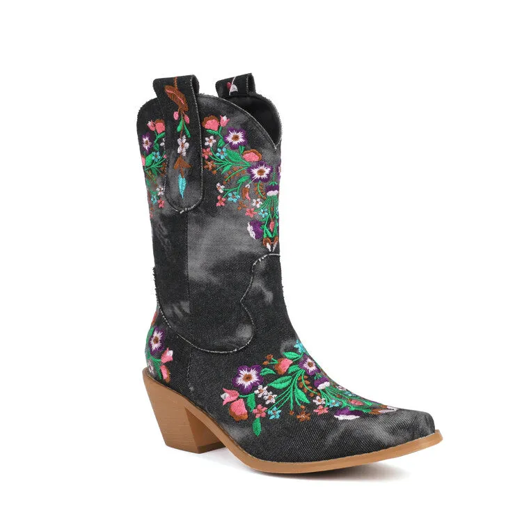 Women's Embroider Square Toe Block Heel Mid Calf Western Boots