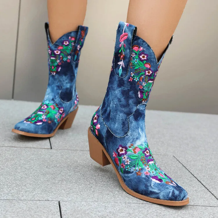Women's Embroider Square Toe Block Heel Mid Calf Western Boots