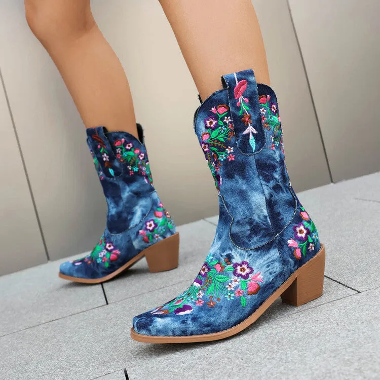Women's Embroider Square Toe Block Heel Mid Calf Western Boots