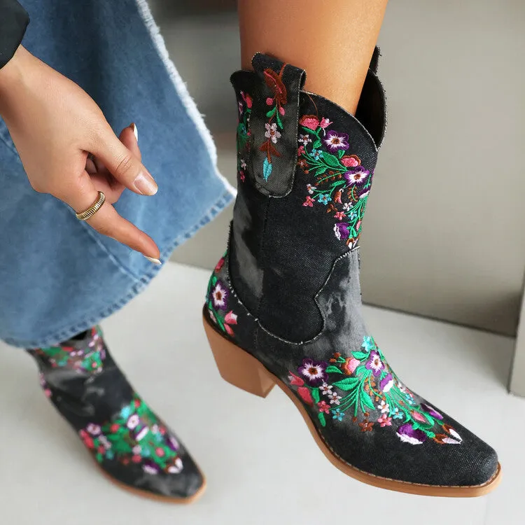 Women's Embroider Square Toe Block Heel Mid Calf Western Boots
