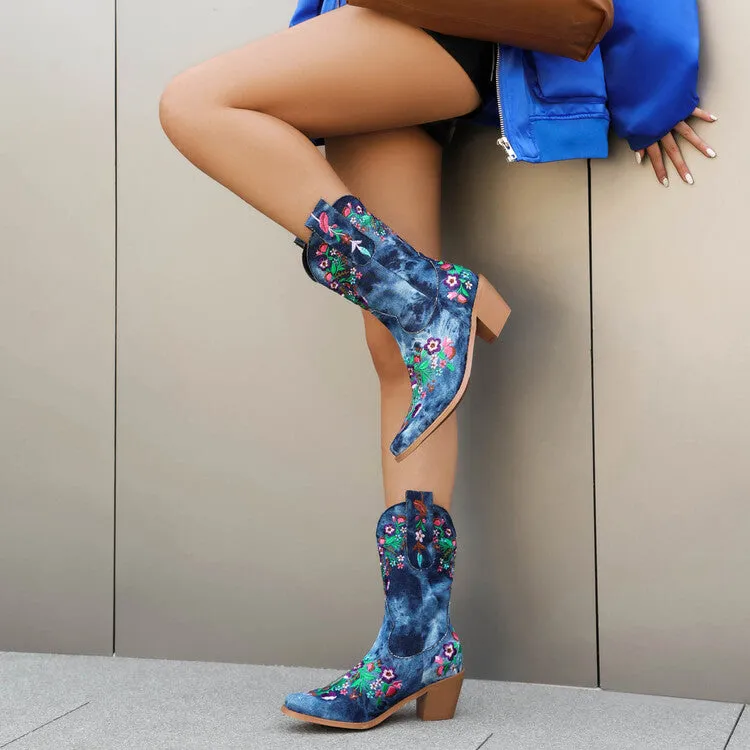 Women's Embroider Square Toe Block Heel Mid Calf Western Boots