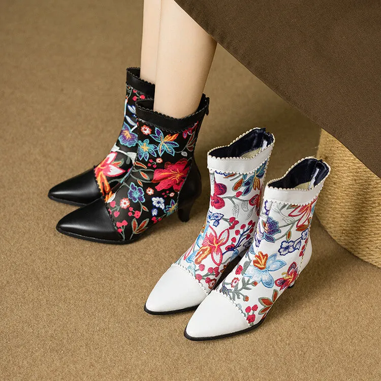 Women's Floral Embroider Pointed Toe Spike Heel Ankle Boots