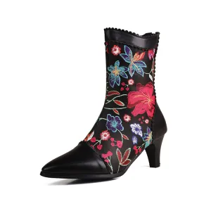 Women's Floral Embroider Pointed Toe Spike Heel Ankle Boots