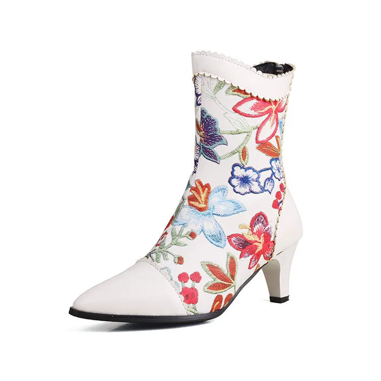 Women's Floral Embroider Pointed Toe Spike Heel Ankle Boots
