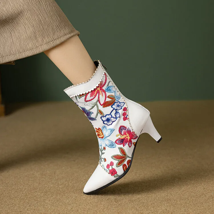 Women's Floral Embroider Pointed Toe Spike Heel Ankle Boots