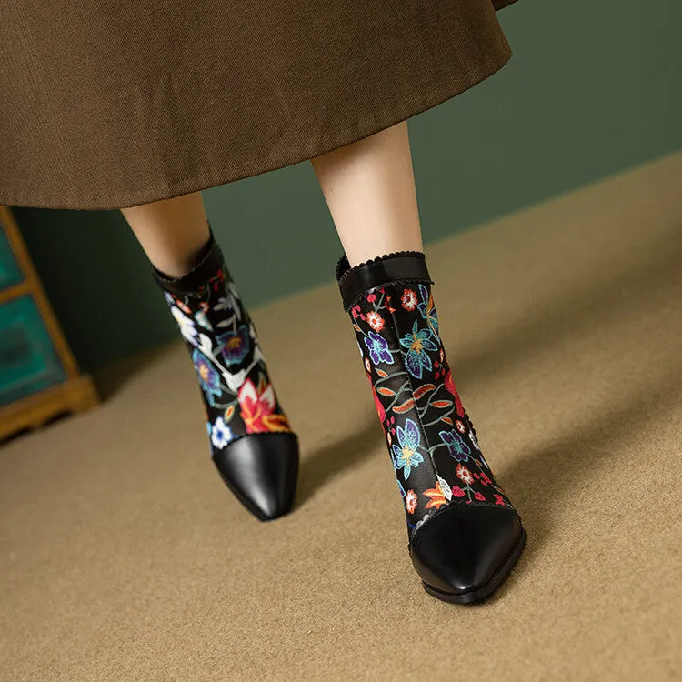 Women's Floral Embroider Pointed Toe Spike Heel Ankle Boots