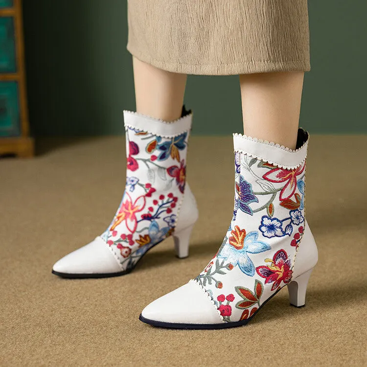 Women's Floral Embroider Pointed Toe Spike Heel Ankle Boots