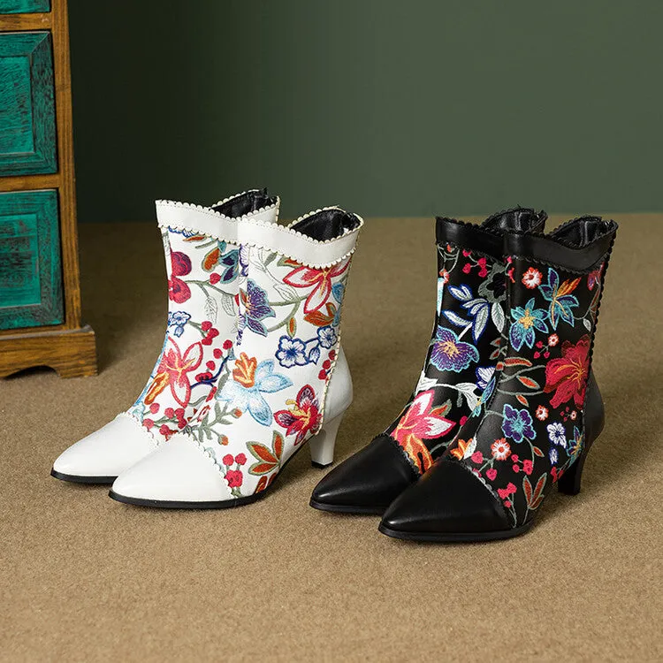 Women's Floral Embroider Pointed Toe Spike Heel Ankle Boots