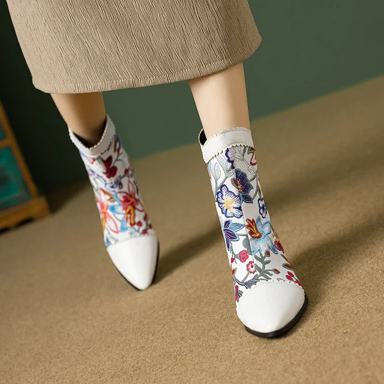 Women's Floral Embroider Pointed Toe Spike Heel Ankle Boots