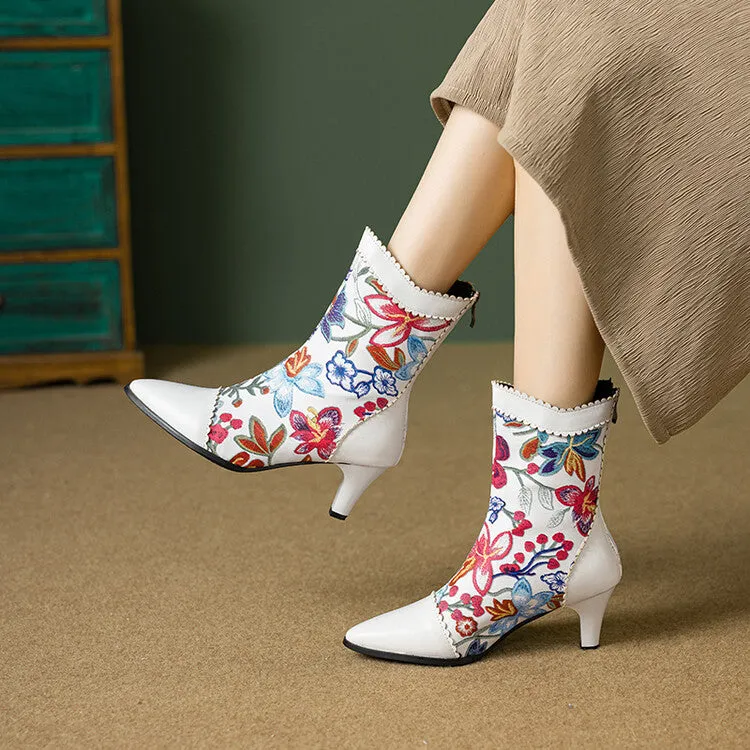 Women's Floral Embroider Pointed Toe Spike Heel Ankle Boots