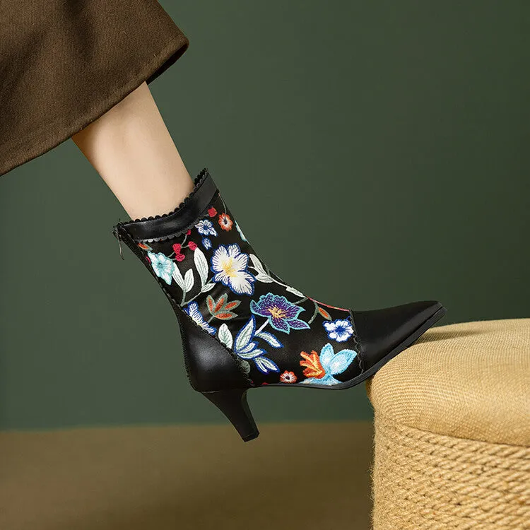Women's Floral Embroider Pointed Toe Spike Heel Ankle Boots