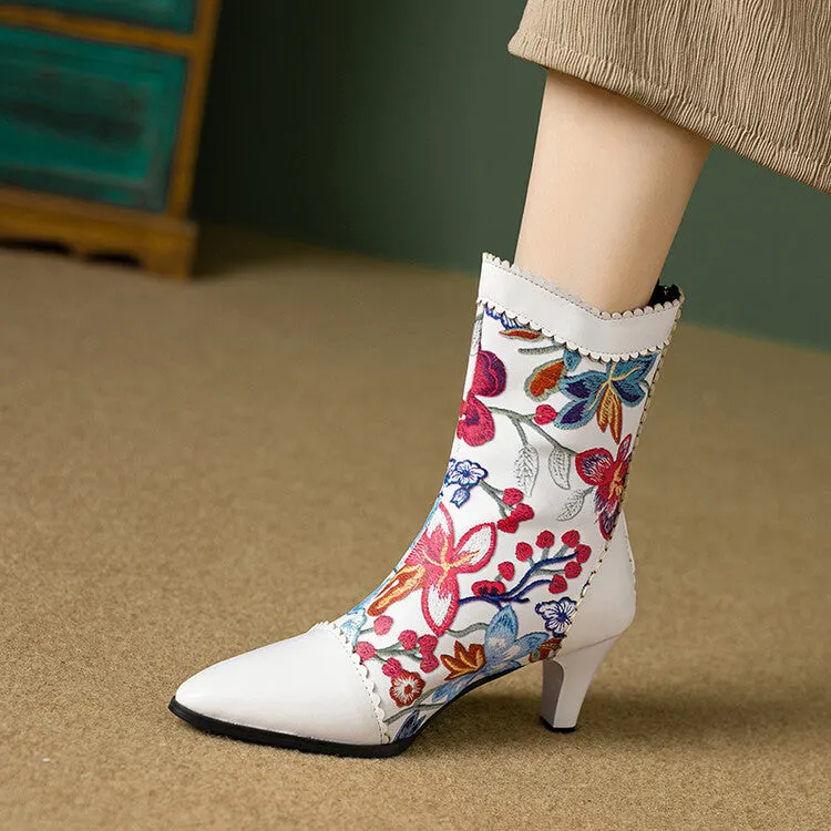 Women's Floral Embroider Pointed Toe Spike Heel Ankle Boots