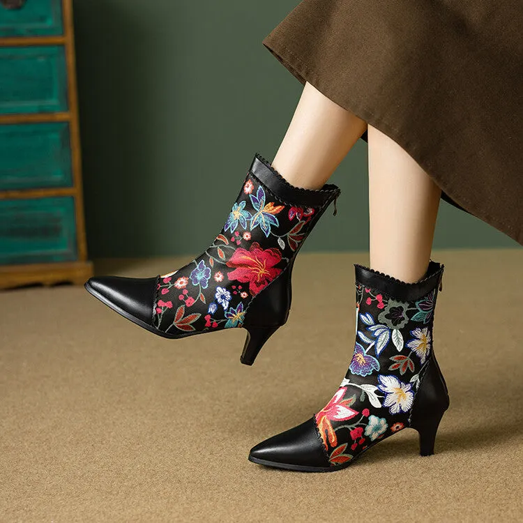 Women's Floral Embroider Pointed Toe Spike Heel Ankle Boots