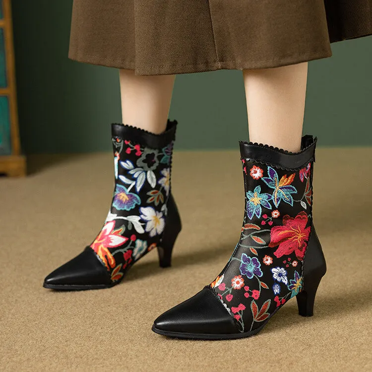 Women's Floral Embroider Pointed Toe Spike Heel Ankle Boots