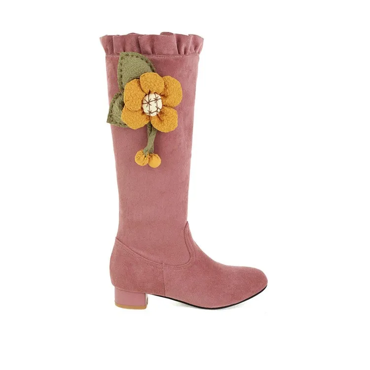 Women's  Flower Low Heel Mid Calf Boots