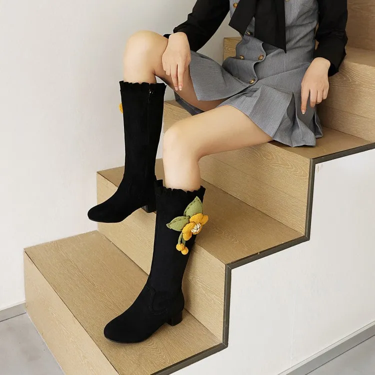 Women's  Flower Low Heel Mid Calf Boots