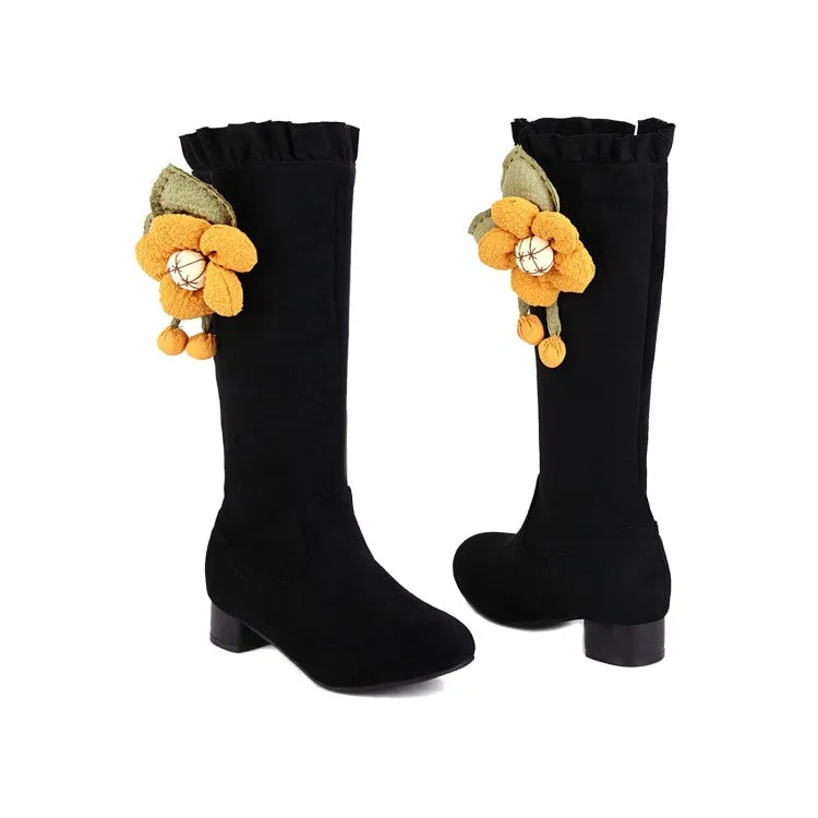 Women's  Flower Low Heel Mid Calf Boots