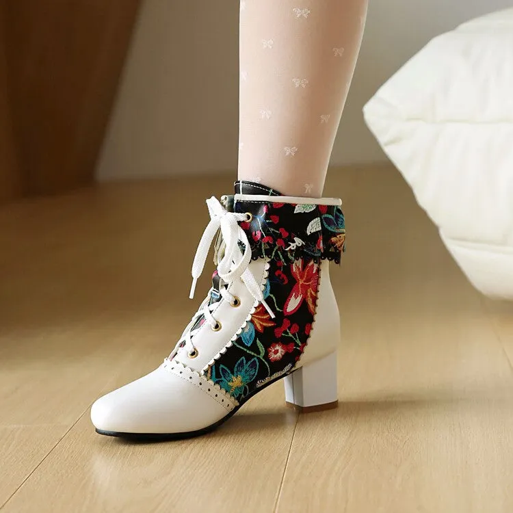 Women's Flowers Pattern Lace-Up Round Toe Square Heel Ankle Boots