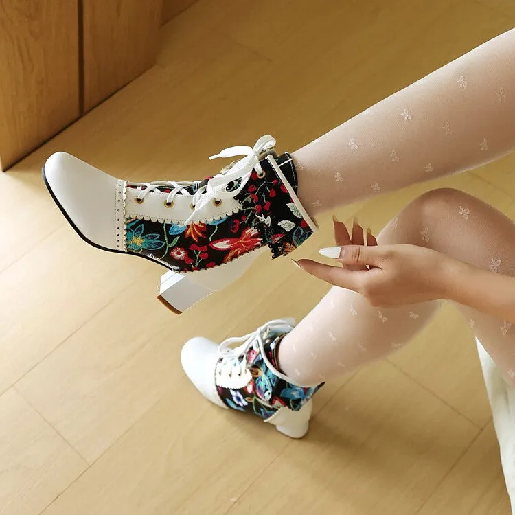 Women's Flowers Pattern Lace-Up Round Toe Square Heel Ankle Boots
