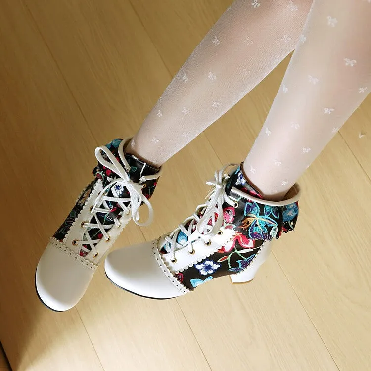 Women's Flowers Pattern Lace-Up Round Toe Square Heel Ankle Boots
