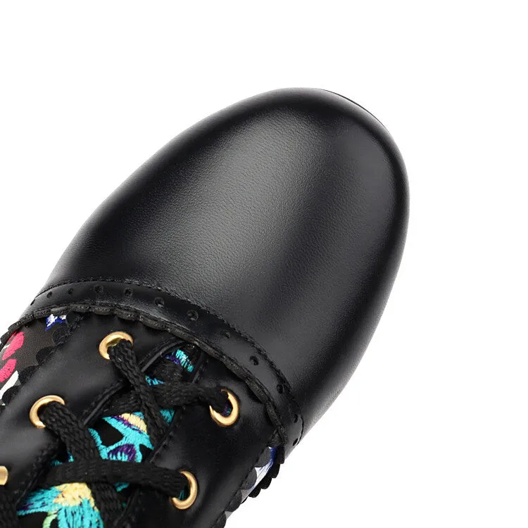 Women's Flowers Pattern Lace-Up Round Toe Square Heel Ankle Boots