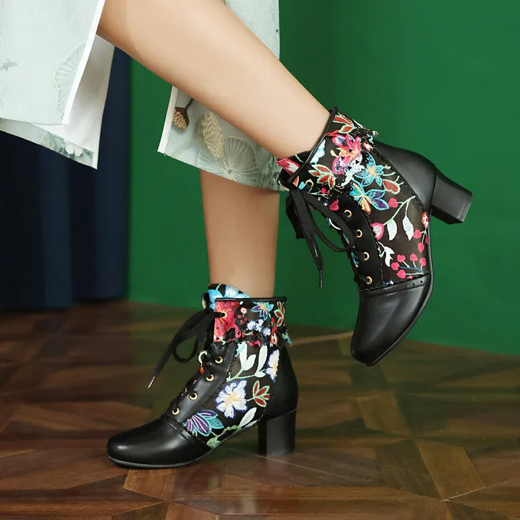 Women's Flowers Pattern Lace-Up Round Toe Square Heel Ankle Boots