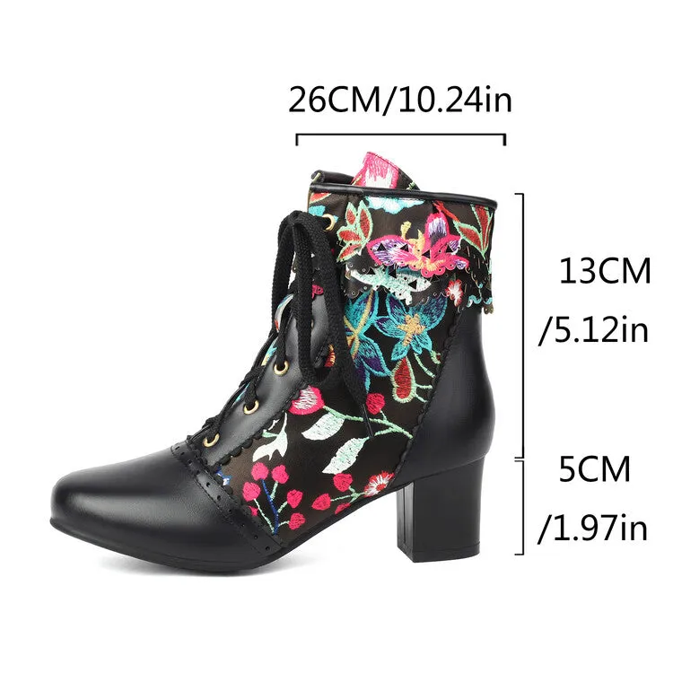 Women's Flowers Pattern Lace-Up Round Toe Square Heel Ankle Boots