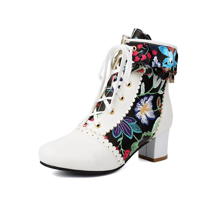 Women's Flowers Pattern Lace-Up Round Toe Square Heel Ankle Boots