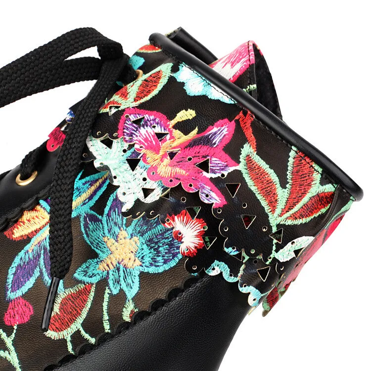 Women's Flowers Pattern Lace-Up Round Toe Square Heel Ankle Boots