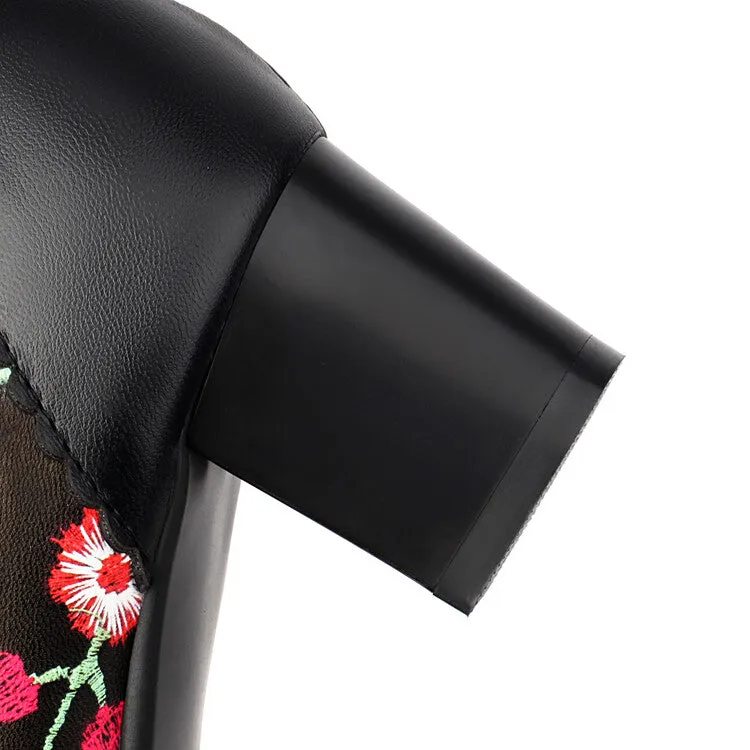 Women's Flowers Pattern Lace-Up Round Toe Square Heel Ankle Boots