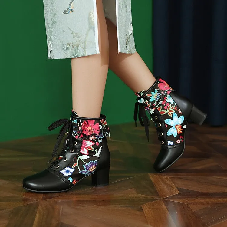 Women's Flowers Pattern Lace-Up Round Toe Square Heel Ankle Boots