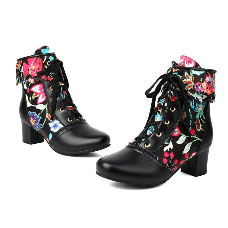 Women's Flowers Pattern Lace-Up Round Toe Square Heel Ankle Boots