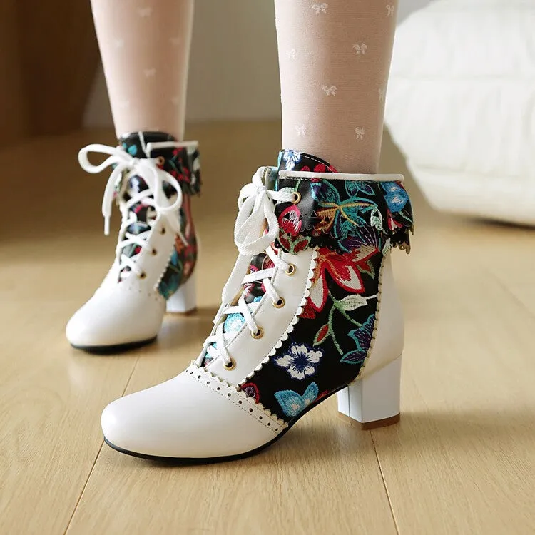 Women's Flowers Pattern Lace-Up Round Toe Square Heel Ankle Boots