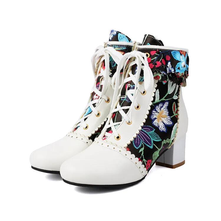 Women's Flowers Pattern Lace-Up Round Toe Square Heel Ankle Boots