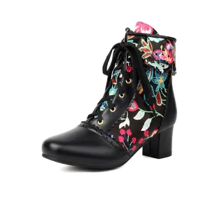 Women's Flowers Pattern Lace-Up Round Toe Square Heel Ankle Boots