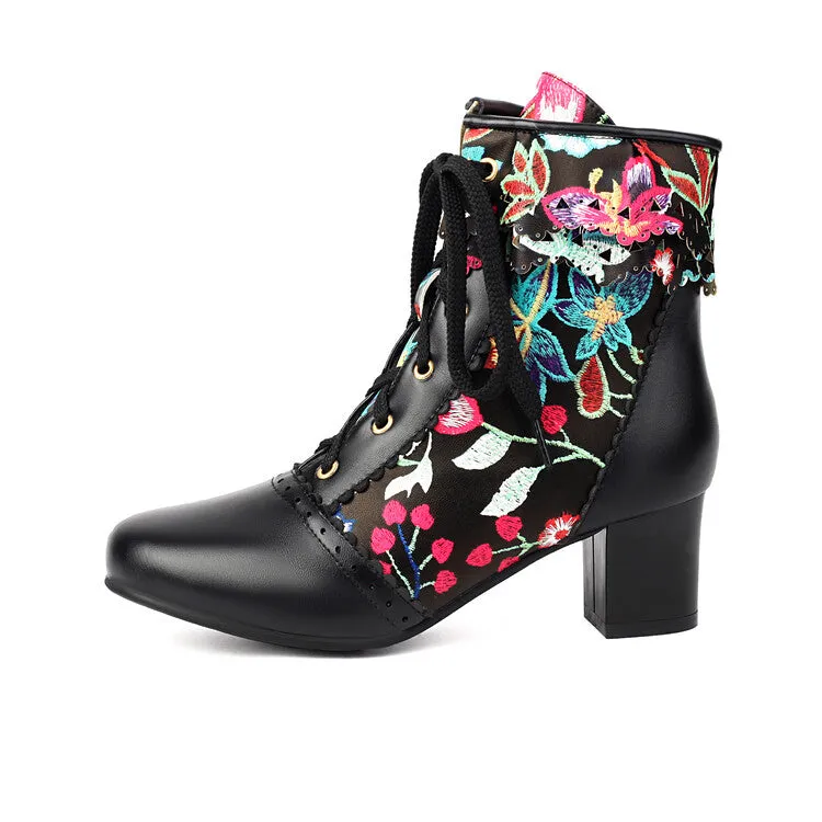 Women's Flowers Pattern Lace-Up Round Toe Square Heel Ankle Boots