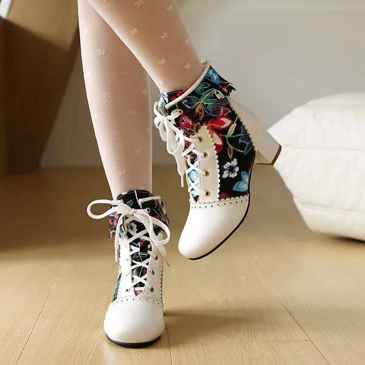 Women's Flowers Pattern Lace-Up Round Toe Square Heel Ankle Boots