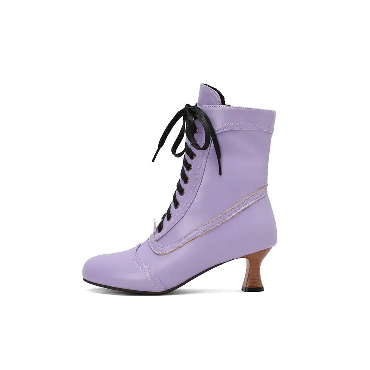 Women's Lace-Up Round Toe High Heel Ankle Boots