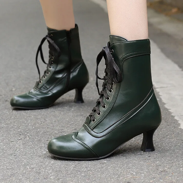 Women's Lace-Up Round Toe High Heel Ankle Boots