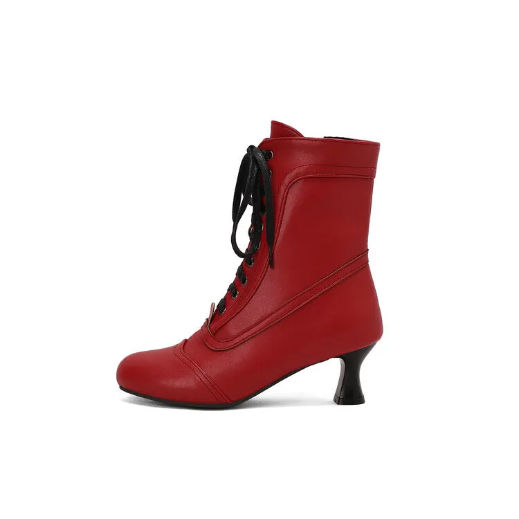 Women's Lace-Up Round Toe High Heel Ankle Boots